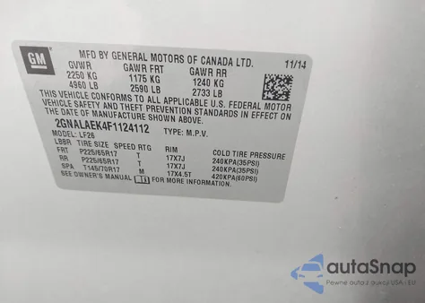 2015 Chevrolet Equinox Ls from USA, damaged, VIN 2GNALAEK4F1124112